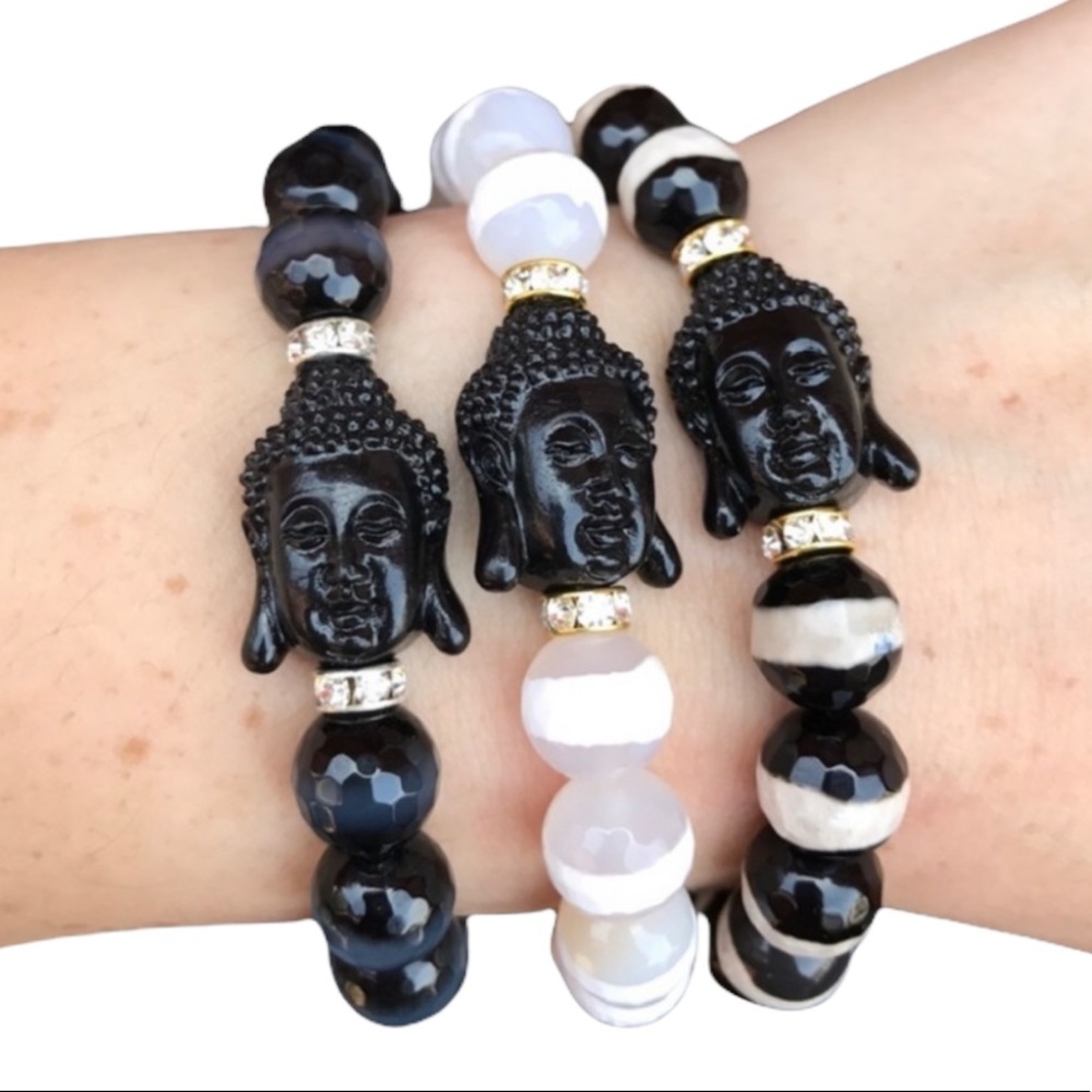 Striped Agate Buddha Beaded stretch Bracelet